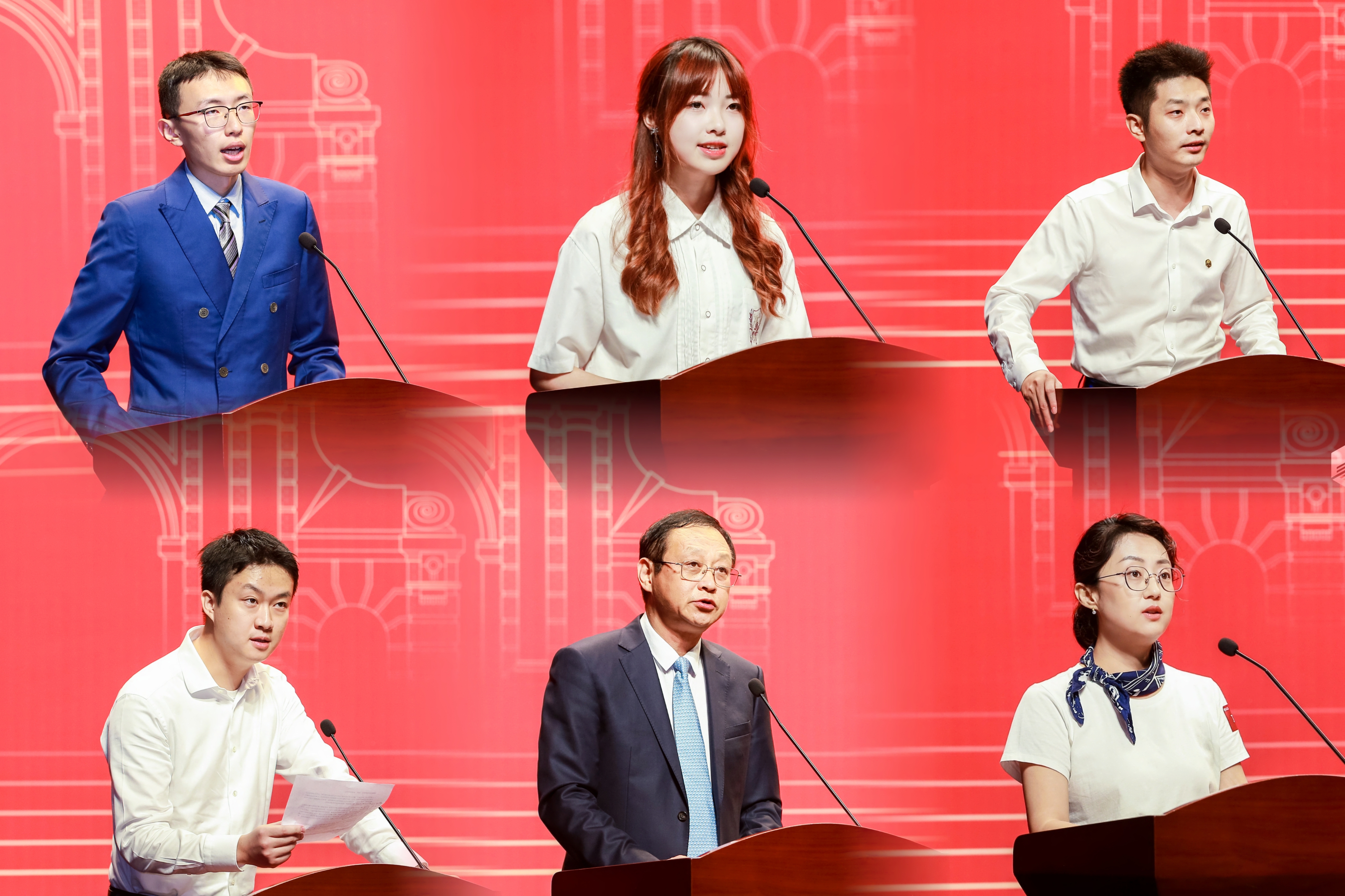 20240904-五道口金融学院2024年开学典礼举行-金融学院-图为朱容立、陈佳艺、刁严、黄新徽、李增群、丁静作为新生代表发言(从左至右、从上至下).jpg